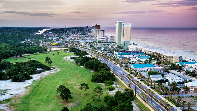 Daytime seaside cityscape with buildings