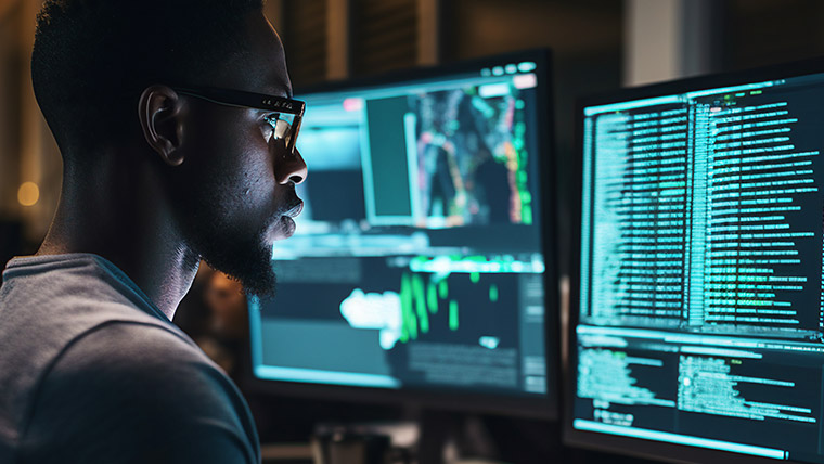 Woman with a headset on looking at dual computer screens.